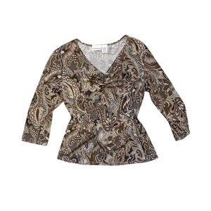 Vintage 90s Y2K Paisley V-Neck Top Fairy Boho Earthtones 7/8 Sleeves L